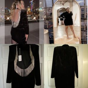 NWT Velvet Long Sleeve Mock Neck Mini Black Dress with Rhinstone Fringe Back